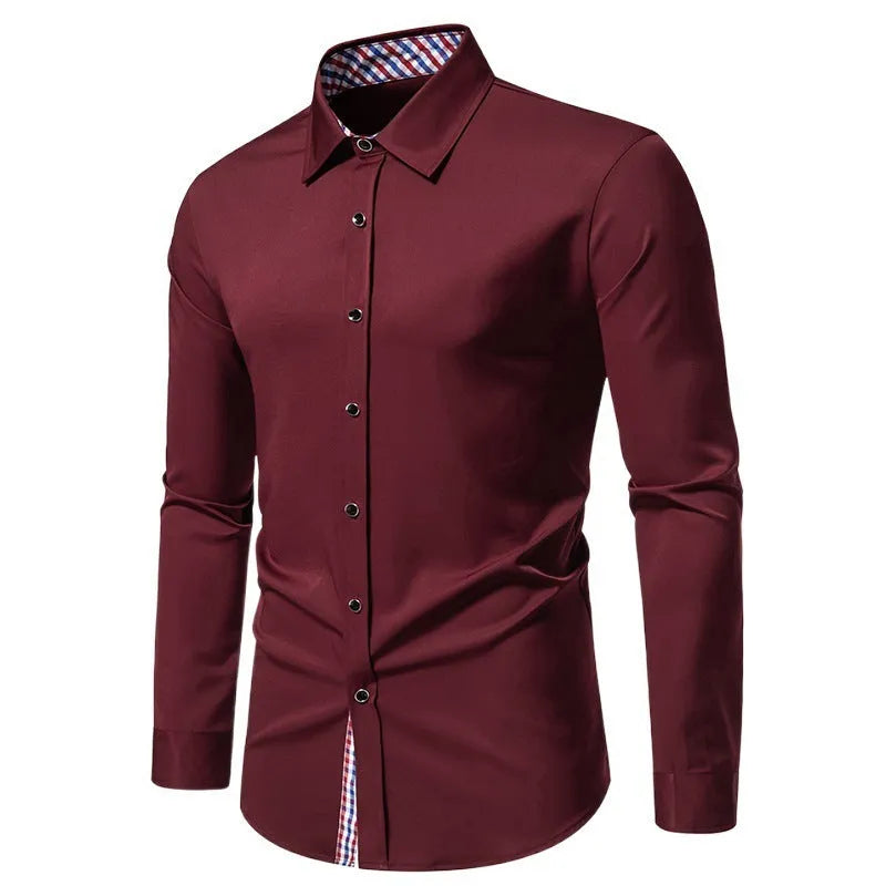 Men's loose fit plaid long-sleeved casual shirt in cardigan style on a hanger.