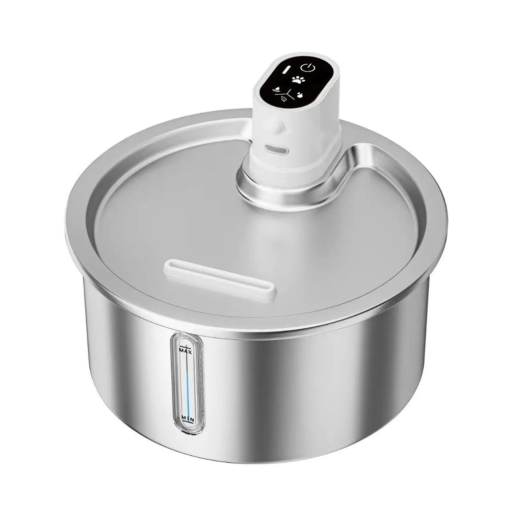 Stainless steel heated pet water fountain with white temperature control base for cats and dogs.