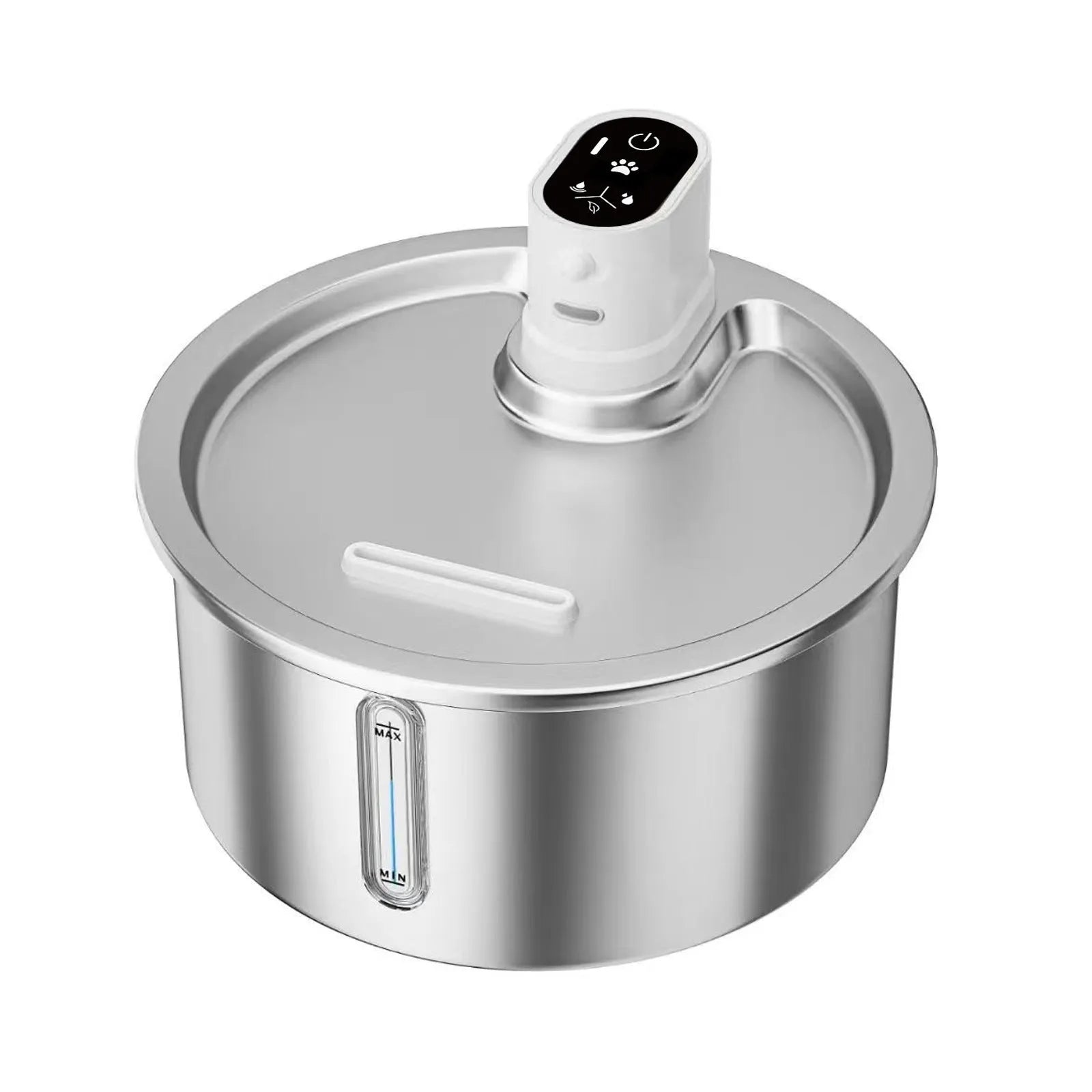 Stainless steel heated pet water fountain with white temperature control base for cats and dogs.
