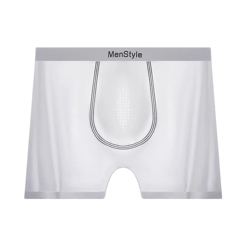 Men's seamless satin ice silk nylon boxer shorts in mid-waist style, shown in flesh colour