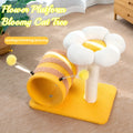 Yellow Bee-shaped cat climbing frame with a sisal scratching board and a fabric tunnel.
