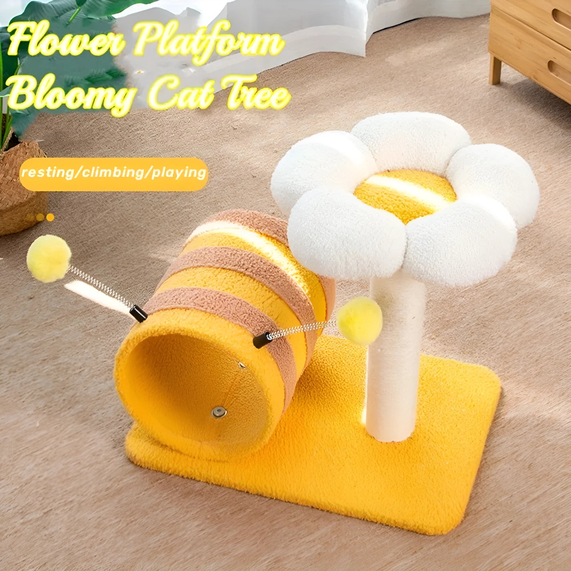 Yellow Bee-shaped cat climbing frame with a sisal scratching board and a fabric tunnel.