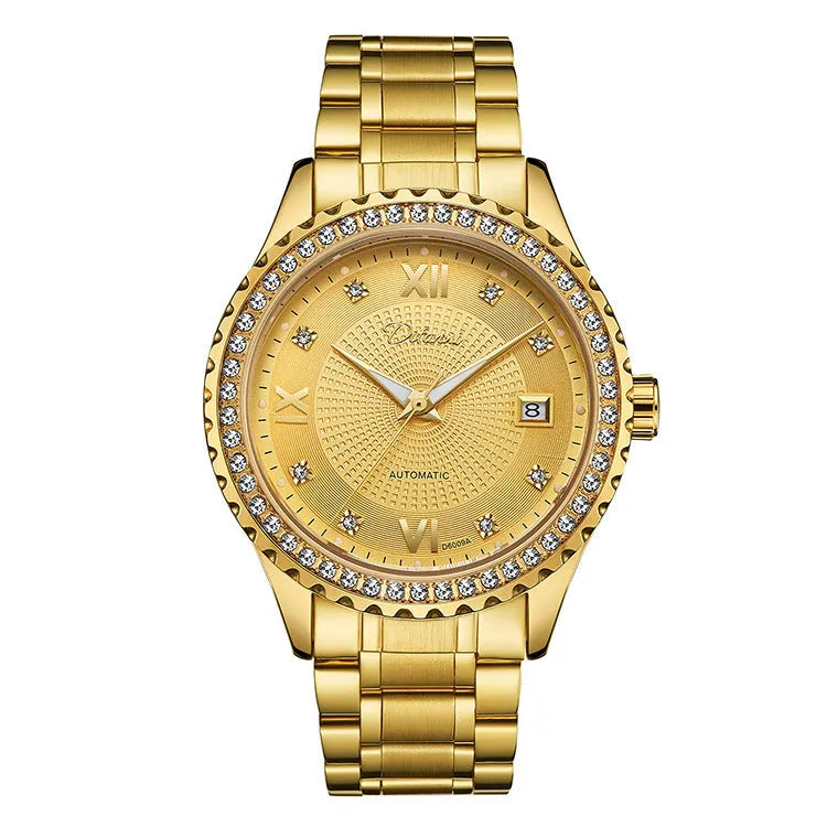 Fashionmonger men's automatic mechanical watch with luminous hands on a gold case with black dial.