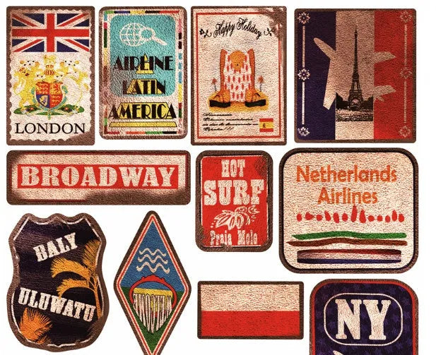 Set of 36 retro beach and surfing themed waterproof PVC stickers with matte finish, sizes 6-10cm