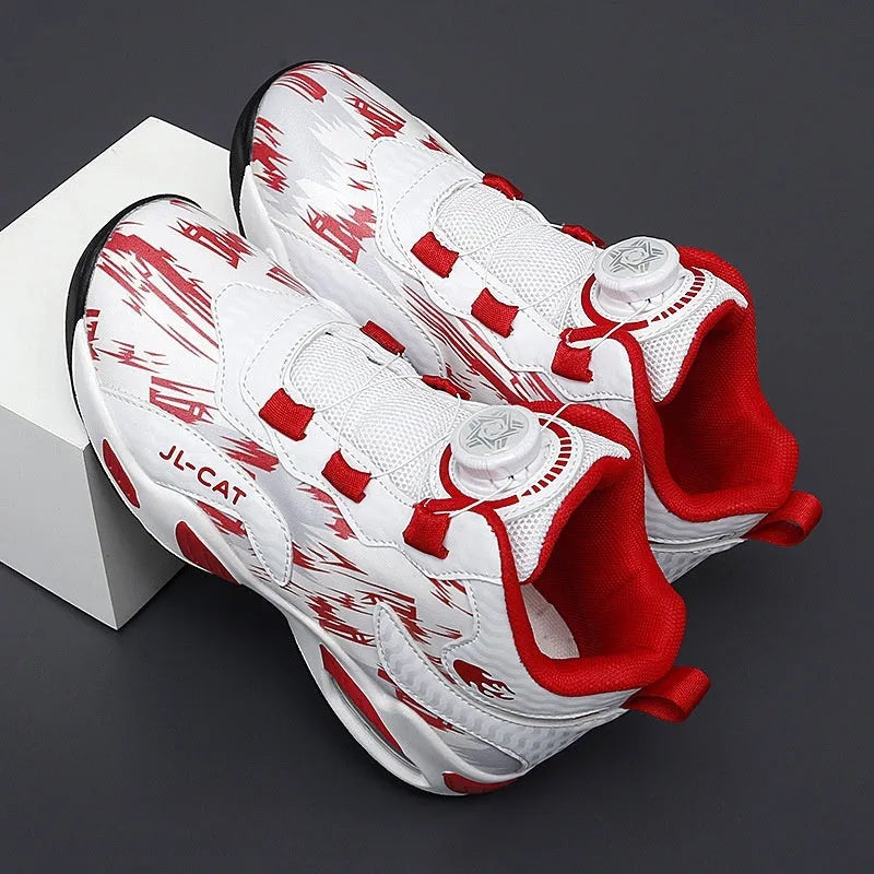 Children's rotating button basketball shoes in multiple colours with waterproof feature and PU sole