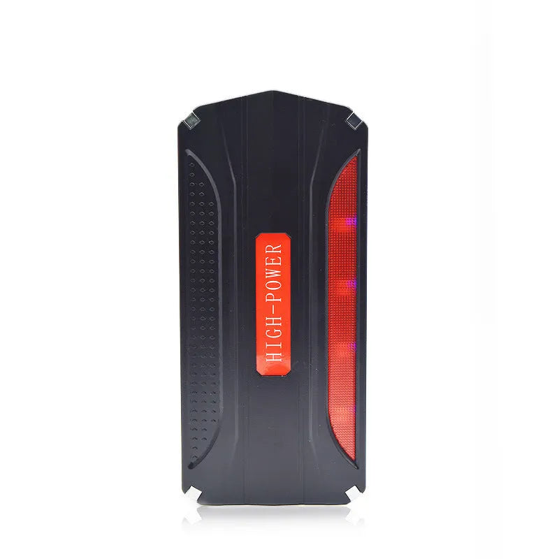 Black and red 12V vehicle emergency starting power supply showing front panel and compact dimensions