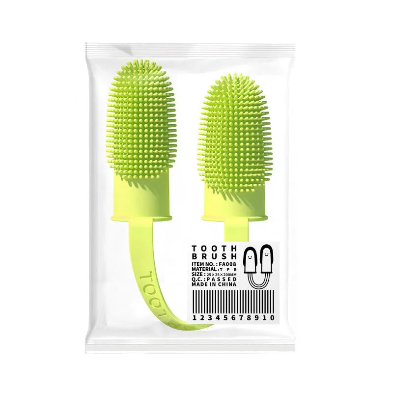 TPR pet dental finger brush set in pink, blue green, and grass yellow colours for dog and cat teeth cleaning