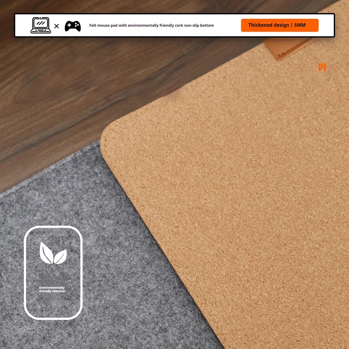 Winter warm felt cork office mouse mat with non-slip base in black and grey pattern on a desk.