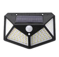 Solar-powered outdoor garden lamp with LED lights and integrated solar panel on a stake.