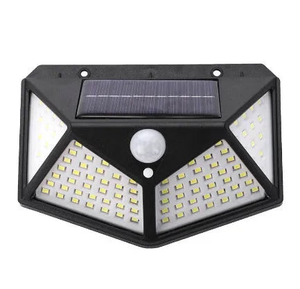 Solar-powered outdoor garden lamp with LED lights and integrated solar panel on a stake.