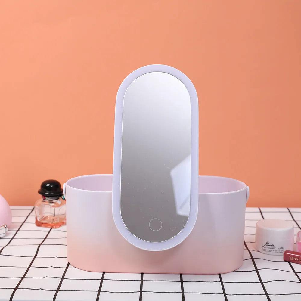 Pink gradient portable LED makeup mirror storage box open to show organisers and mirror