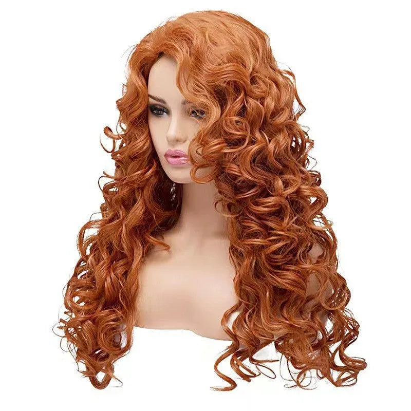 Long brown curly wig with instant noodles style texture for cosplay and Halloween.