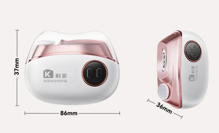 Blue electric nail clipper and polisher with USB Type-C charging port and cleaning brush.