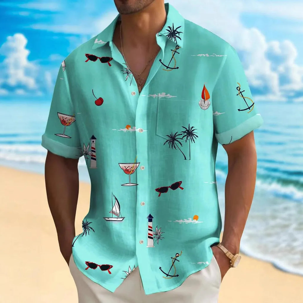 Men's loose fit Hawaiian shirt with colourful digital print pattern on polyester fabric.