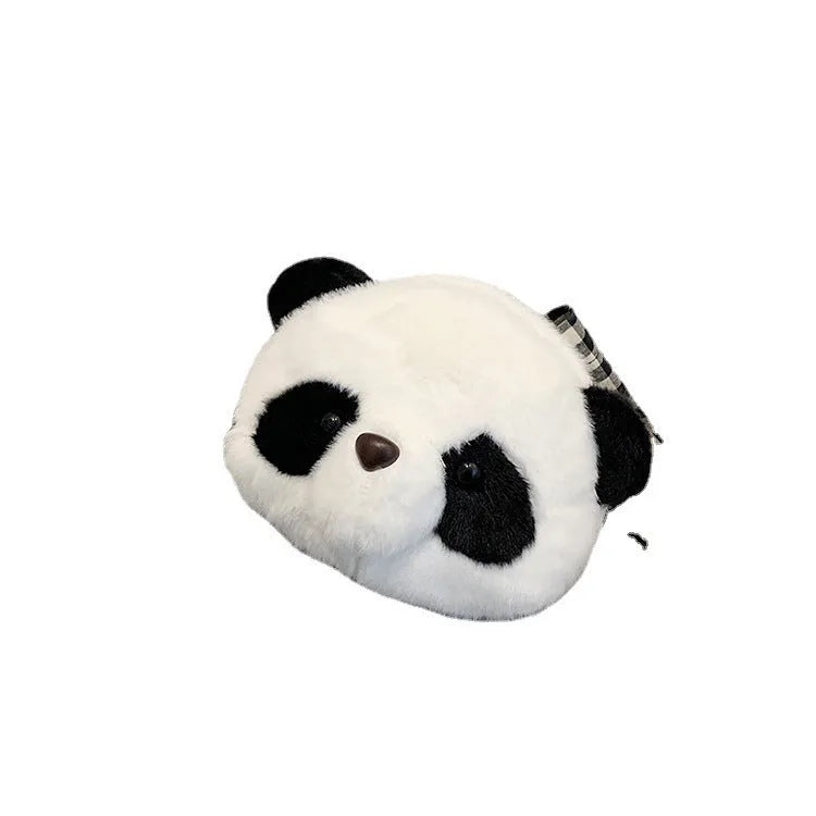 Soft plush cylindrical crossbody bag in panda head design with a sandwich pocket.