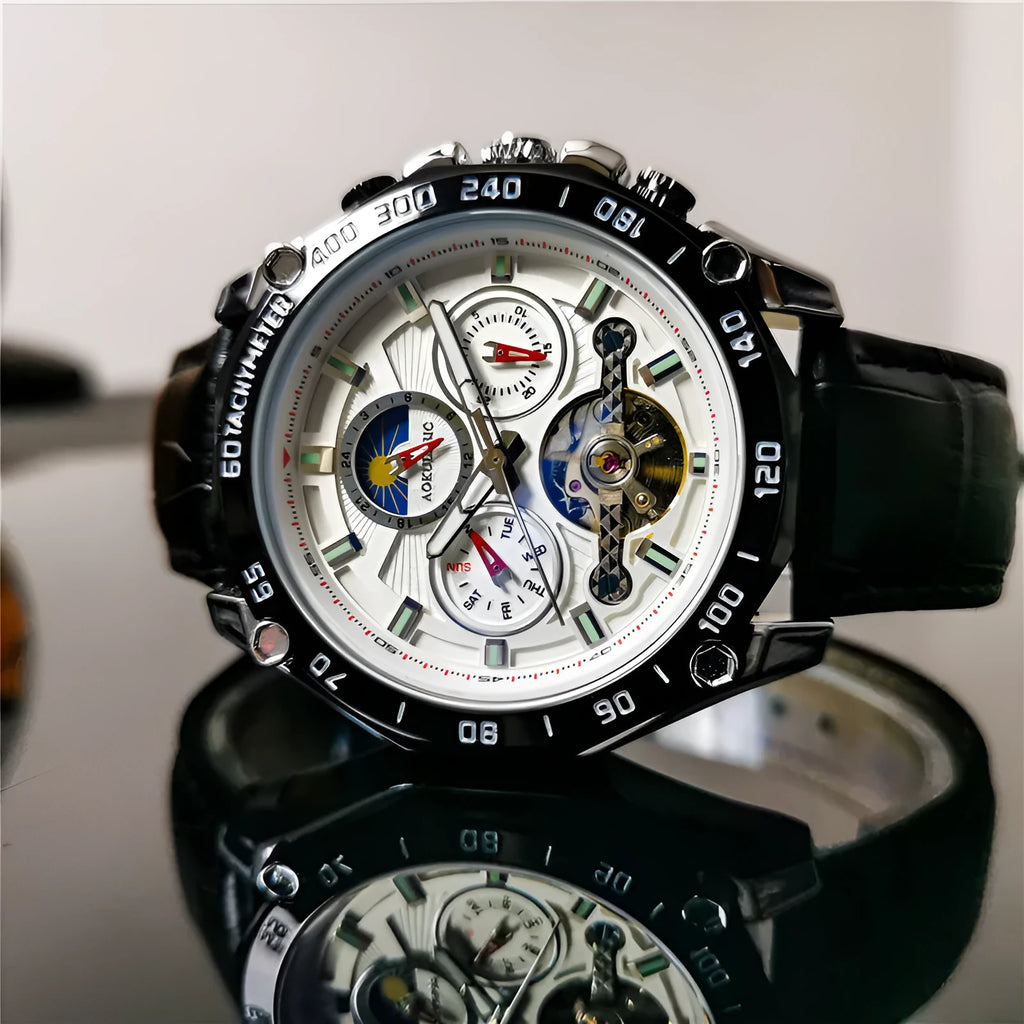 Men's automatic mechanical watch with a slim 12mm case shown in multiple colour variants.
