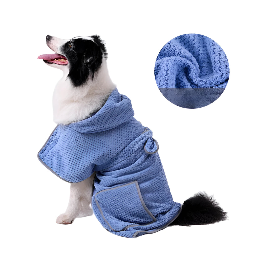 Blue adjustable dog bath robe towel wrapped around medium-sized dog