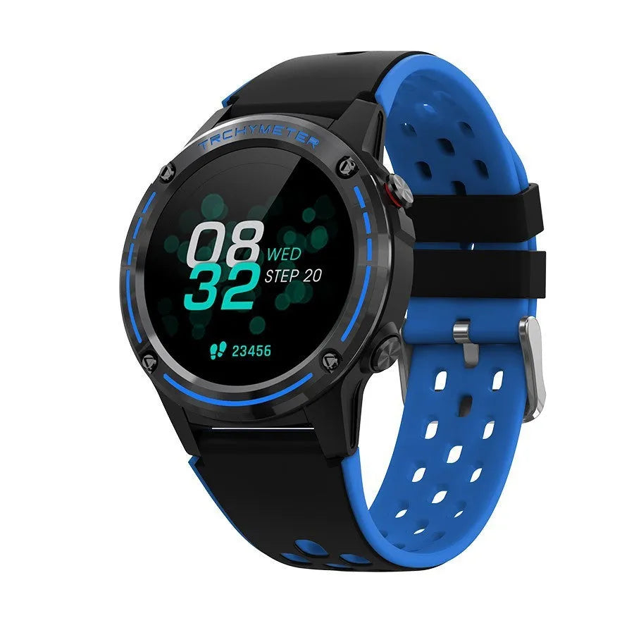GPS smart watch with colour screen and blue silicone strap on a wrist