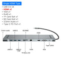Grey 10-port aluminium docking station with cooling bracket showing HDMI, VGA, and USB connections