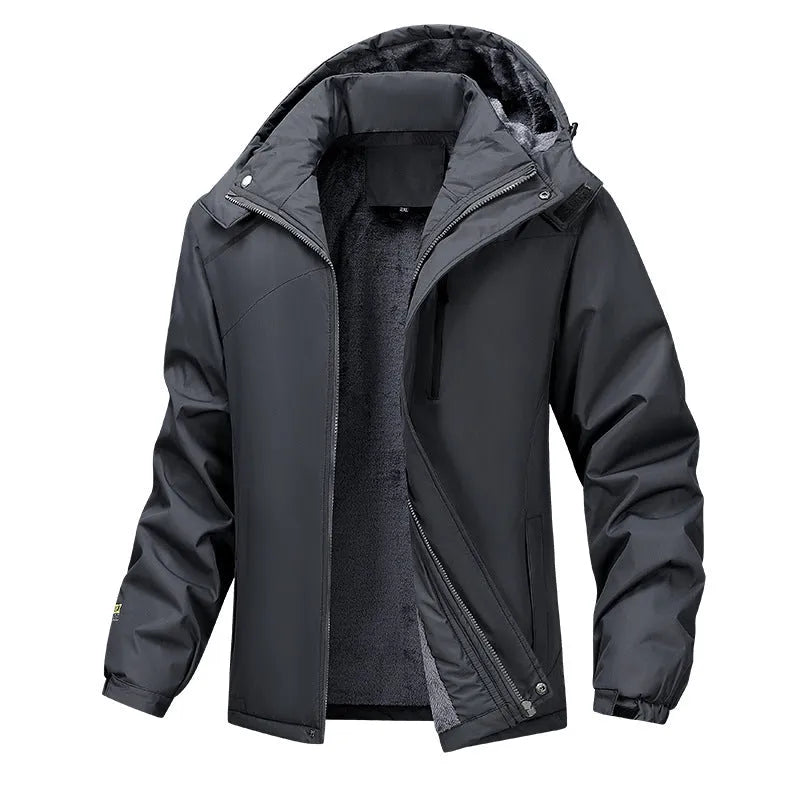 Men's plus size waterproof hooded coat in army green with visible hood and front zip