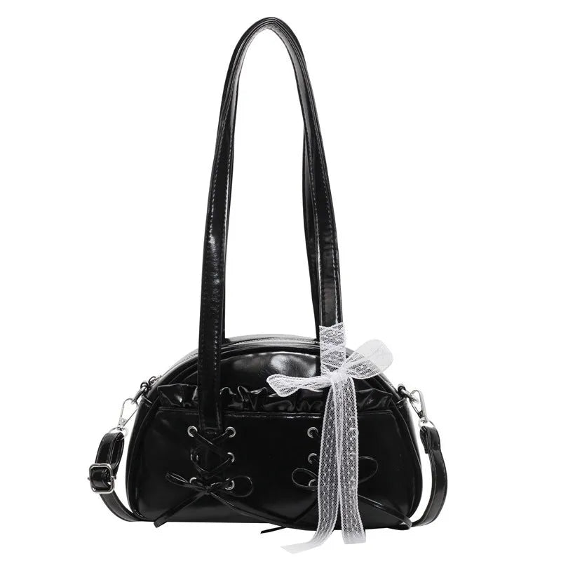 Women's casual shoulder handbag with bandage bow detail and PU leather in milky white colour