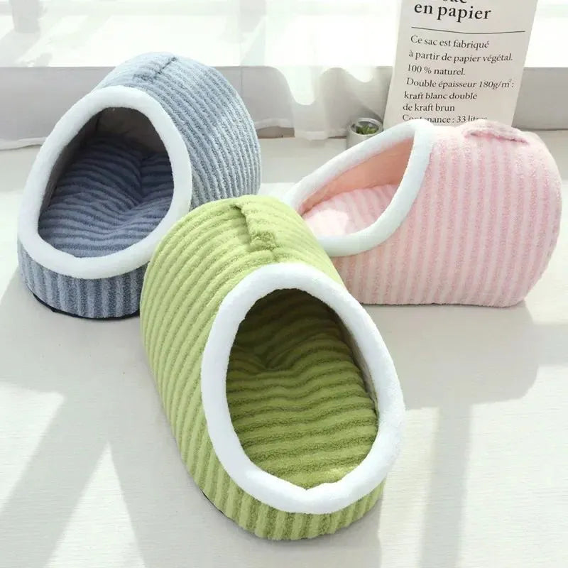 Blue striped thickened 3D dog bed with raised sides and a hole for burrowing, showing removable sponge insert.