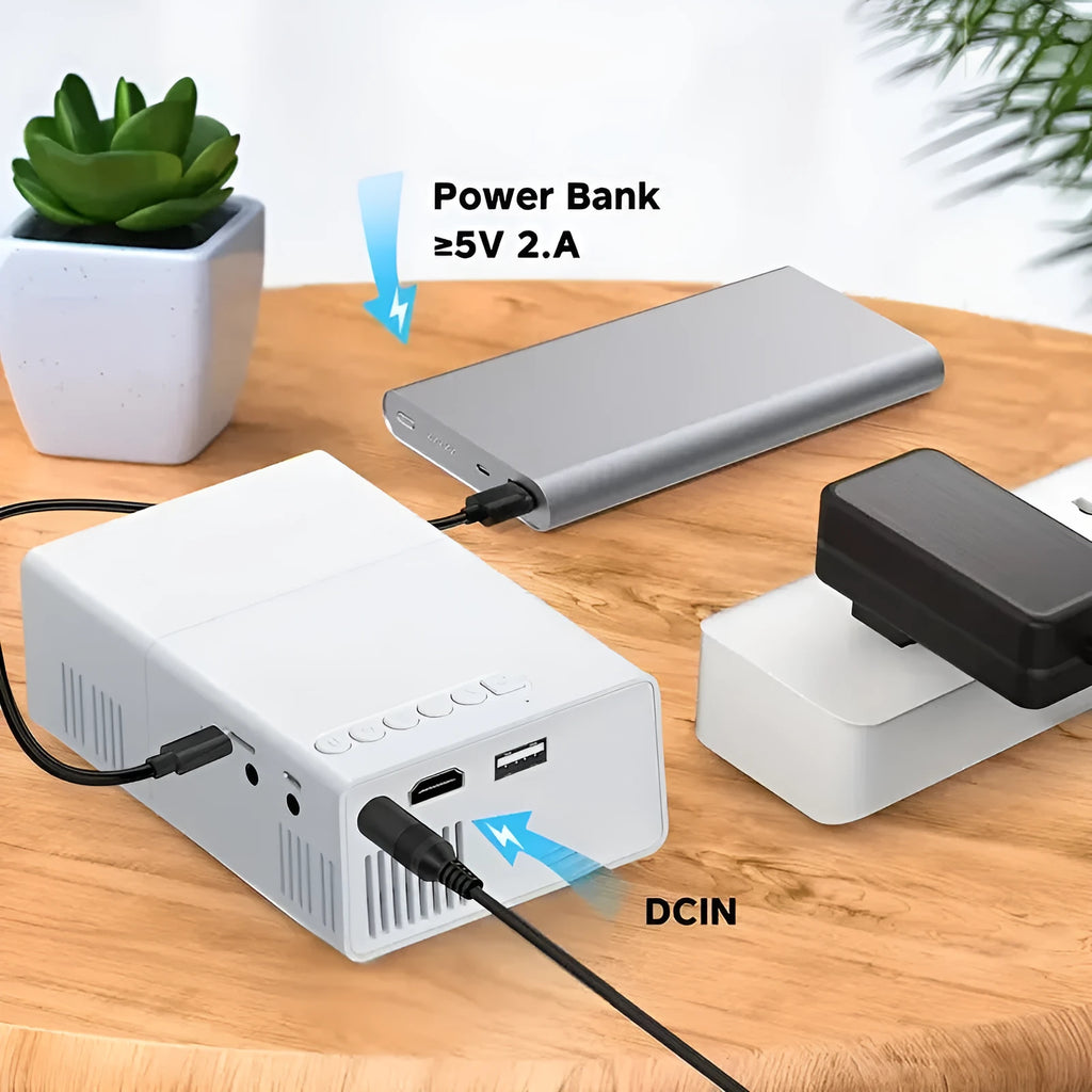 M100 mini home projector in white and black colours showing 100-inch projection size