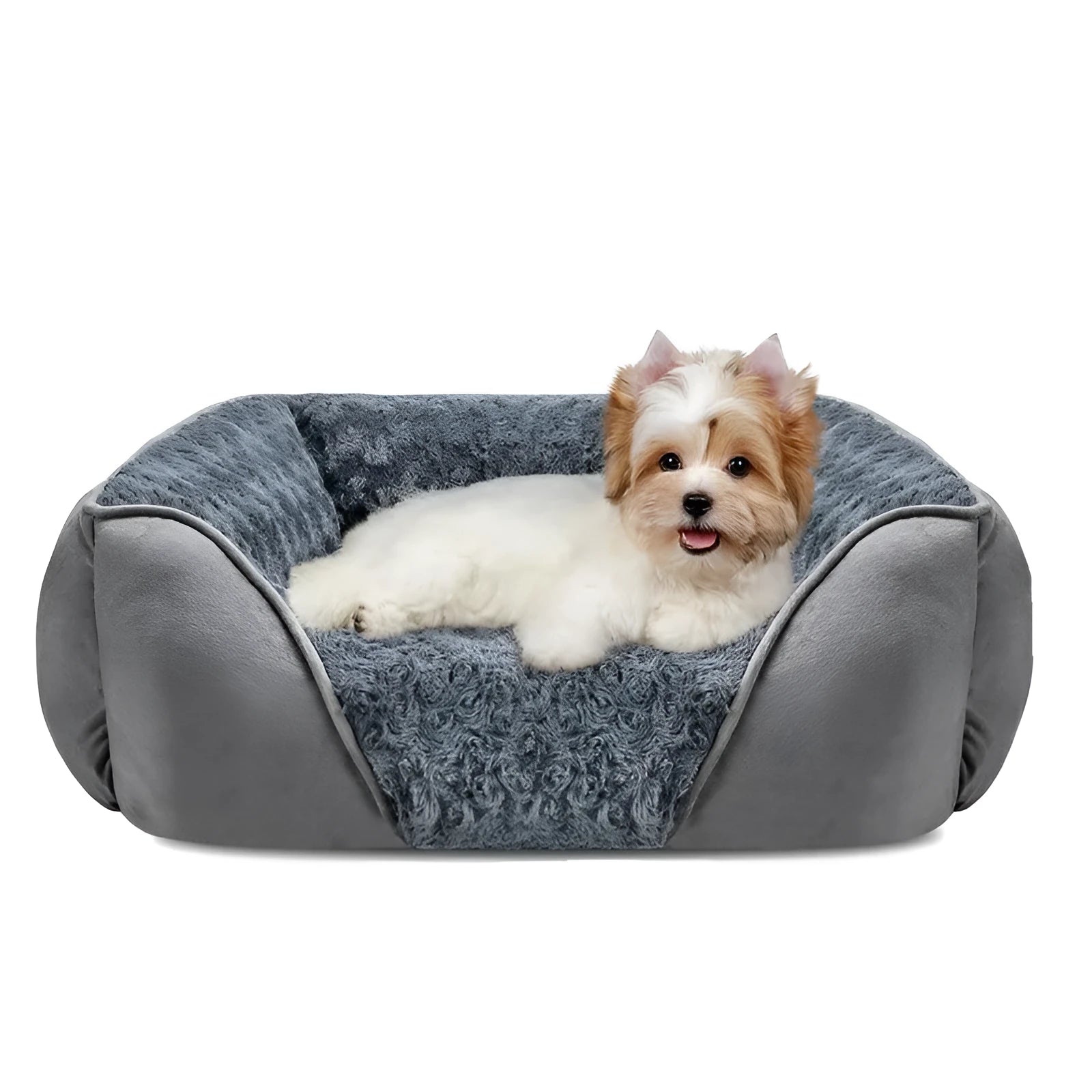 Beige plush kennel dog bed with stuffed Golden Retriever toy, suitable for small and large dogs.