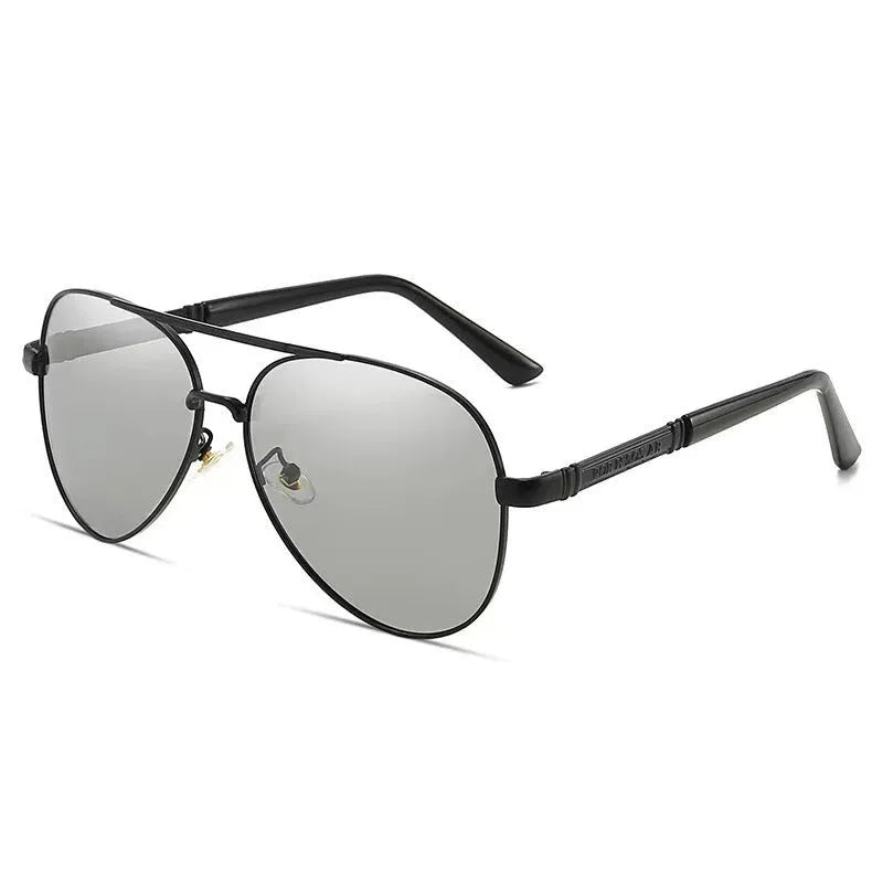 Men's metal-frame polarised sunglasses in gold, shown with decorative dragon and phoenix motifs.