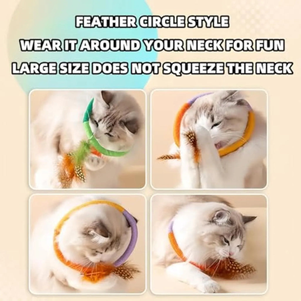 Green cotton rope circular cat toy with feathers attached for interactive play