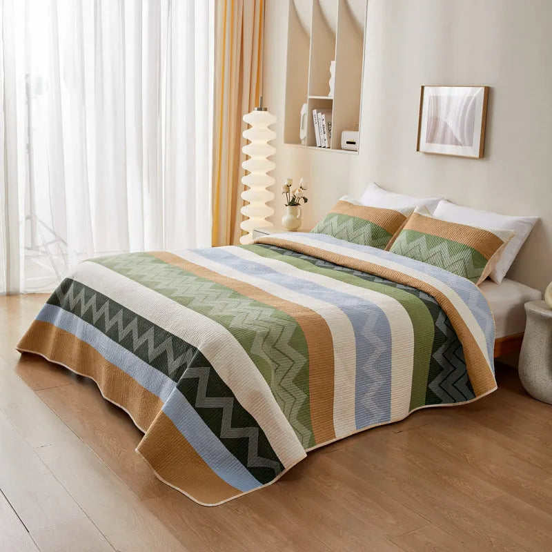 Pure cotton printed bed sheet set showing fitted sheet, flat sheet and pillowcase in modern simple design