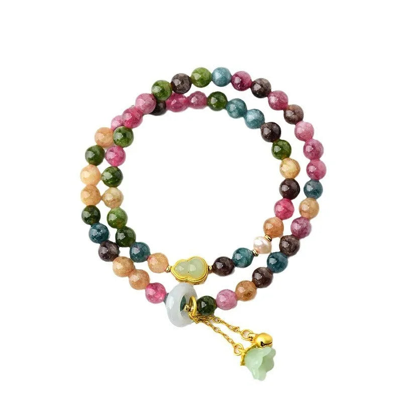 Women's double circle bracelet with chalcedony beads and geometric design