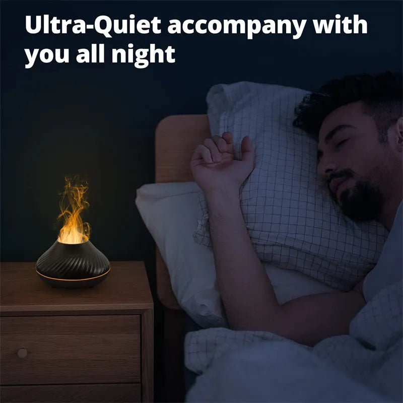 Volcanic flame design aroma diffuser with colour-changing LED light and water mist emission