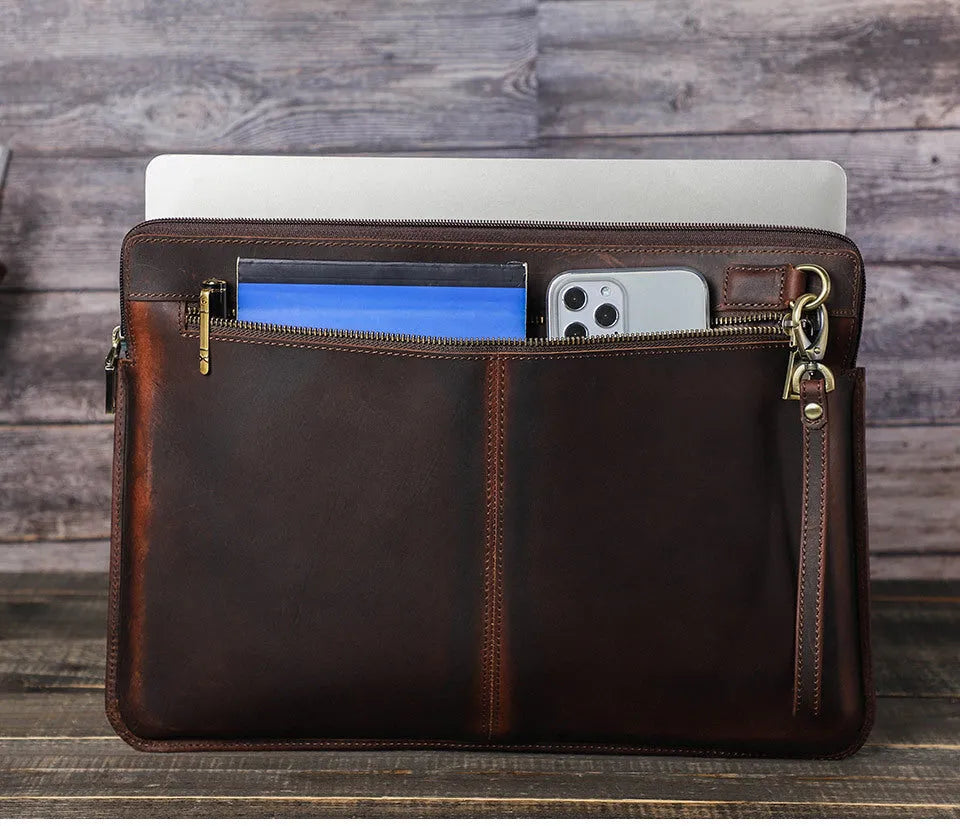 Retro Crazy Horse leather notebook zipper computer bag in coffee brown, sized for MacBook Pro 16 inch