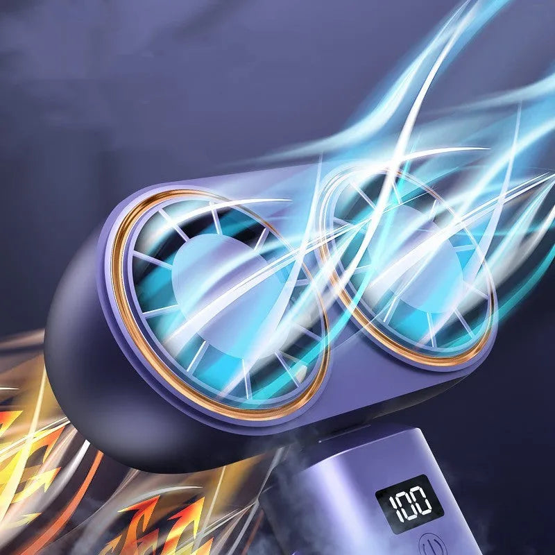 USB handheld mini fan with folding design and digital display screen showing battery level