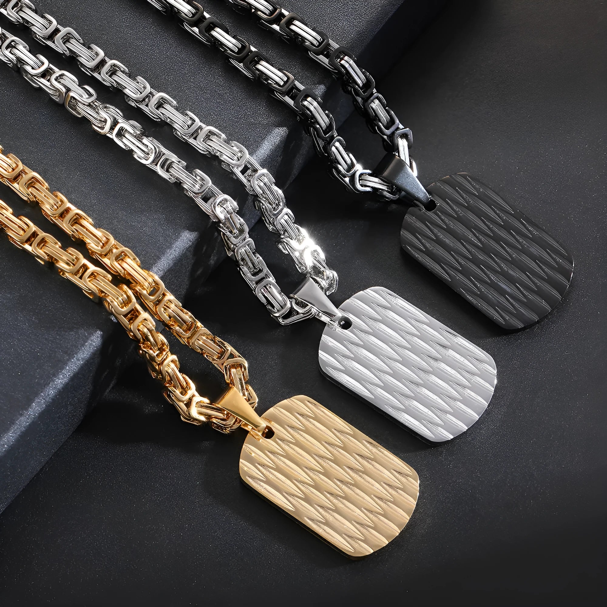 Men's titanium steel necklace with geometric water ripple pendant on Emperor Chain in gold finish