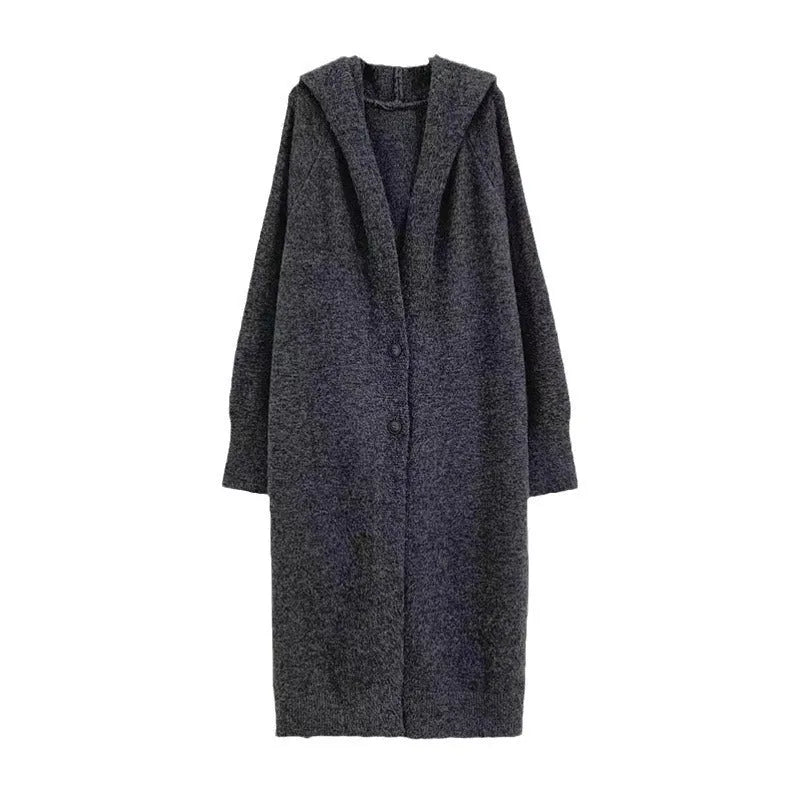 Women's long brown hooded knitted cardigan with a below-the-knee length and loose fit.