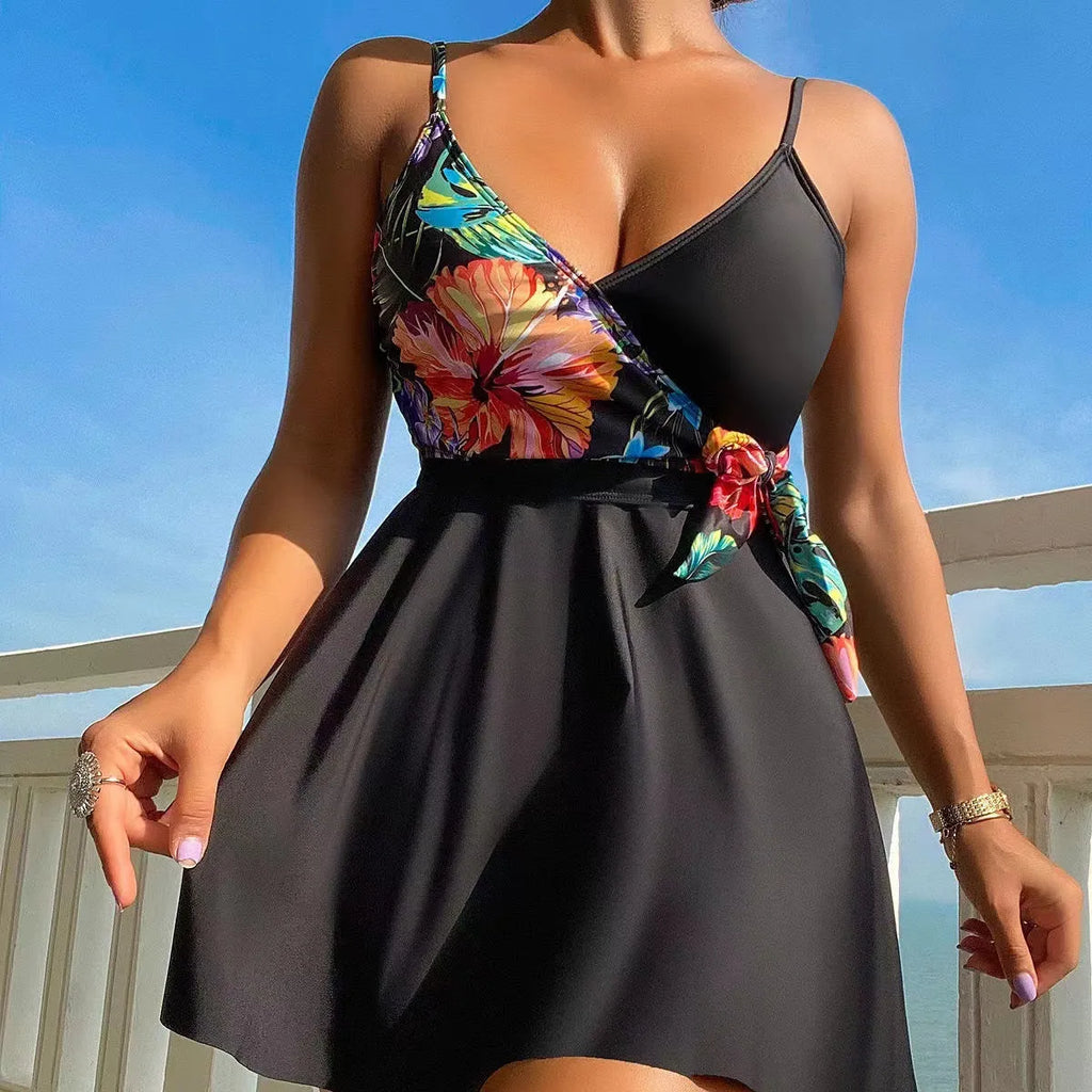 Black women's high waist briefs bikini swimwear set with printed split design