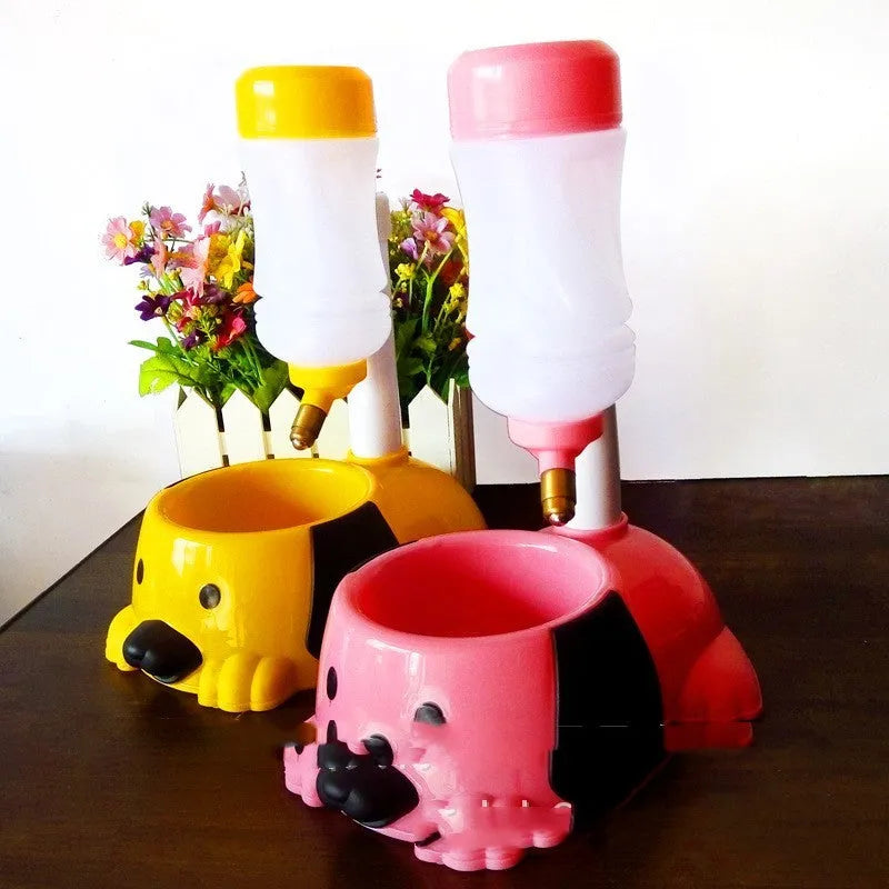 A pink adjustable rod-lifting pet water bowl showing the height mechanism.