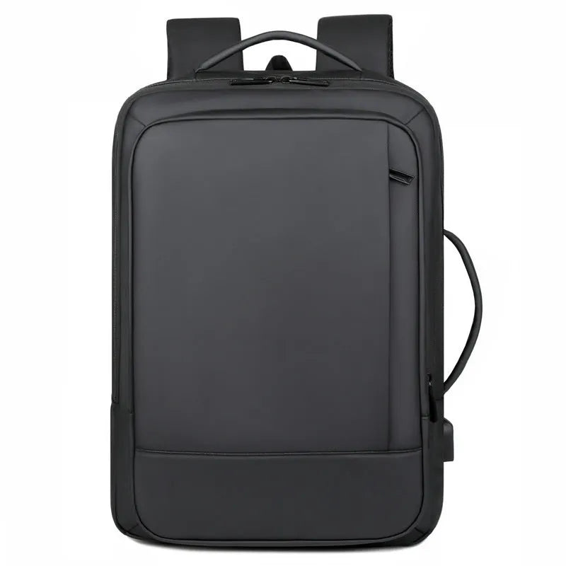 Black large capacity Oxford cloth men's backpack with curved shoulder strap, shown for business and travel use.