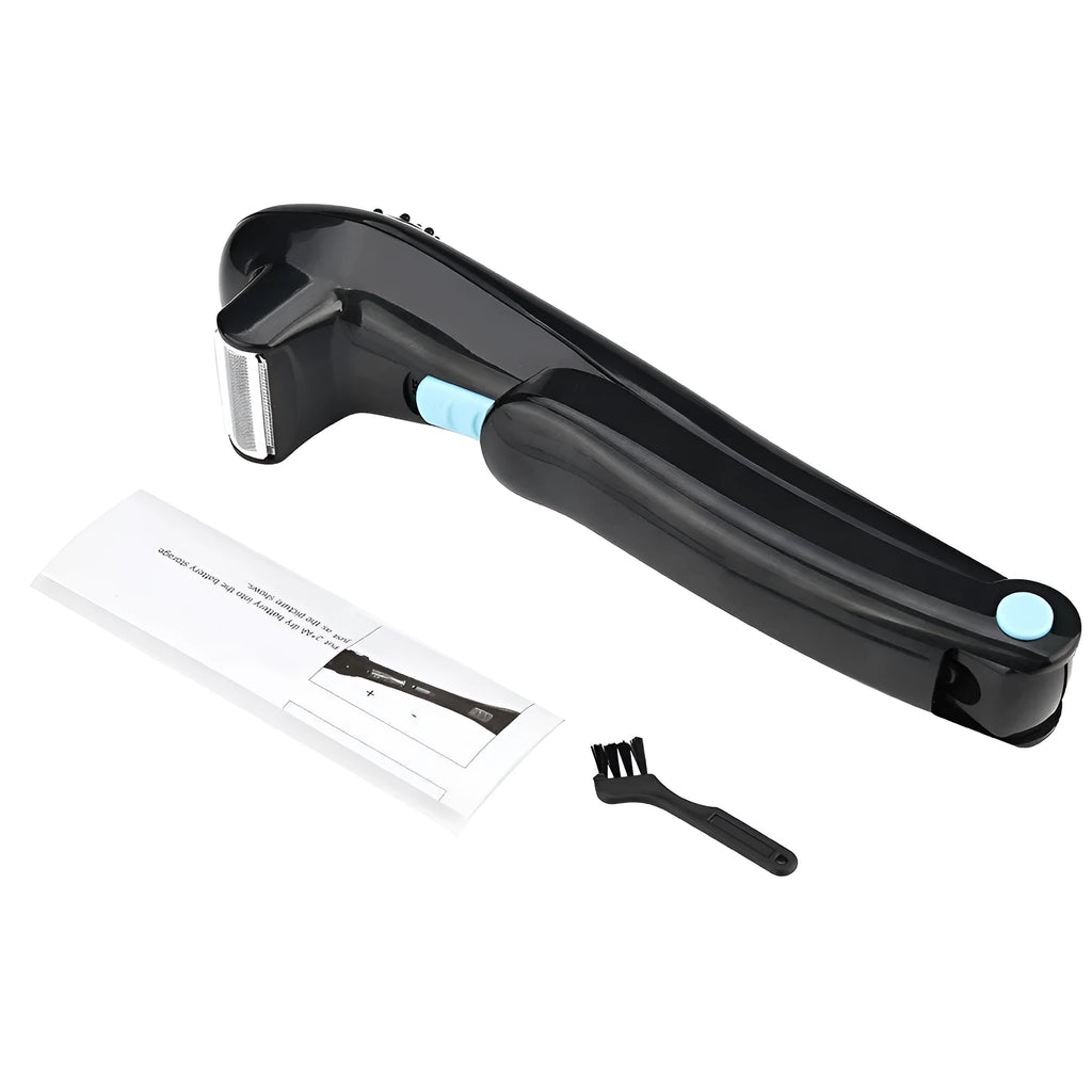 Black folding hair back electric body shaver with battery compartment