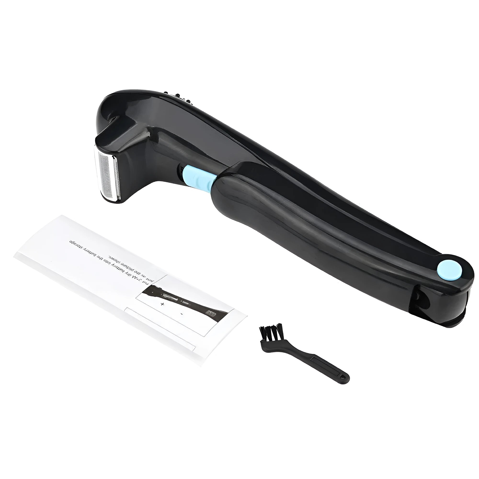 Black folding hair back electric body shaver with battery compartment