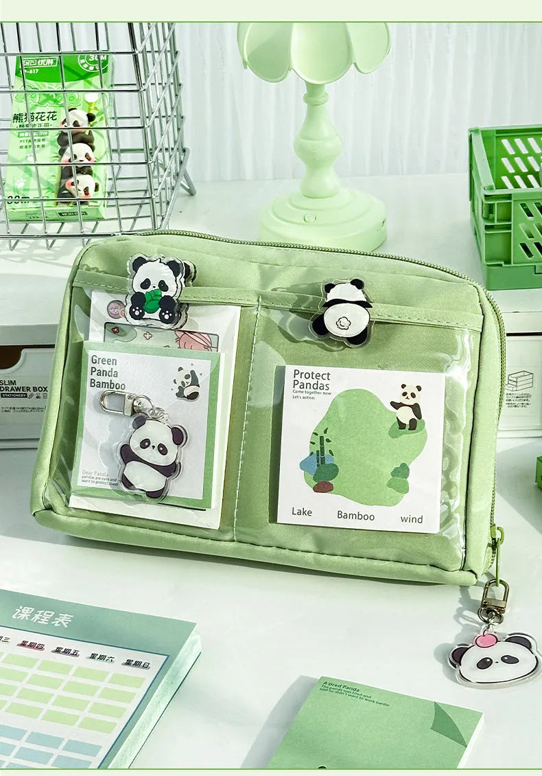 Green panda-themed pencil case with 12 layers for stationery organisation in Korean style canvas design