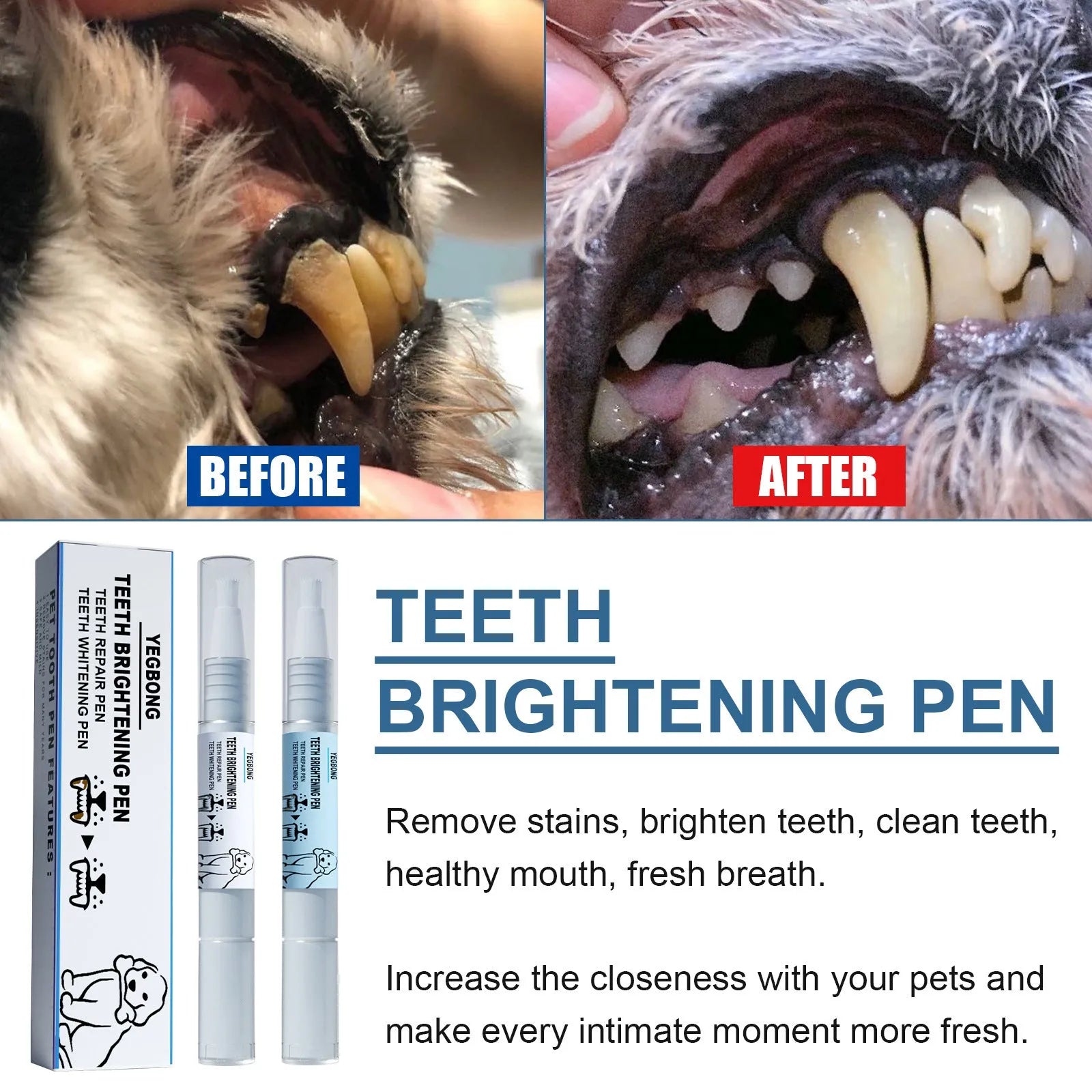 Yegbong pet teeth whitening pen dental care kit with 3ml+3ml applicator and two toothbrushes for dogs and cats
