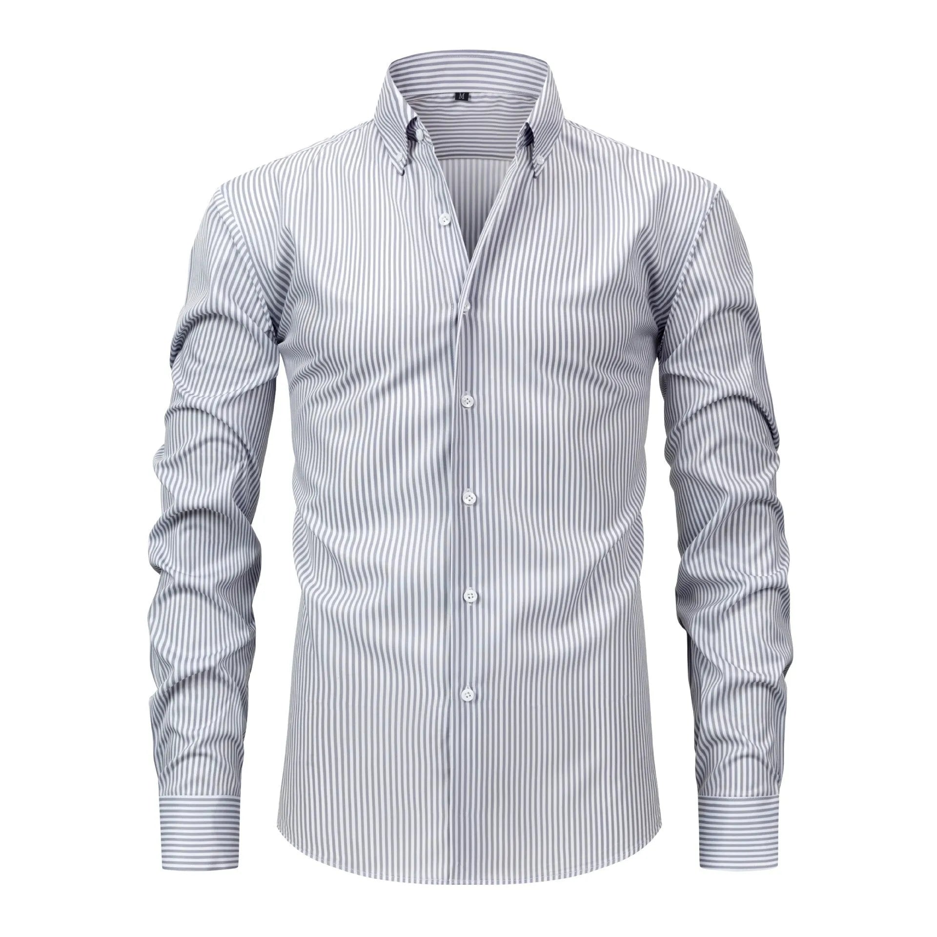Man wearing a non-ironing striped business casual shirt with a lapel collar in one of six available colours.