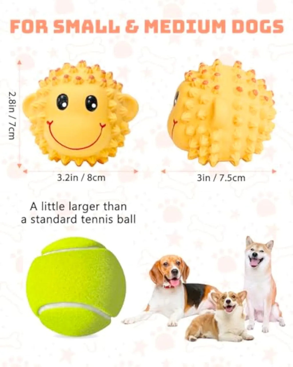 Orange and yellow spiky latex dog toys with a squeaker, shown next to a measuring tape indicating 3 inch diameter.