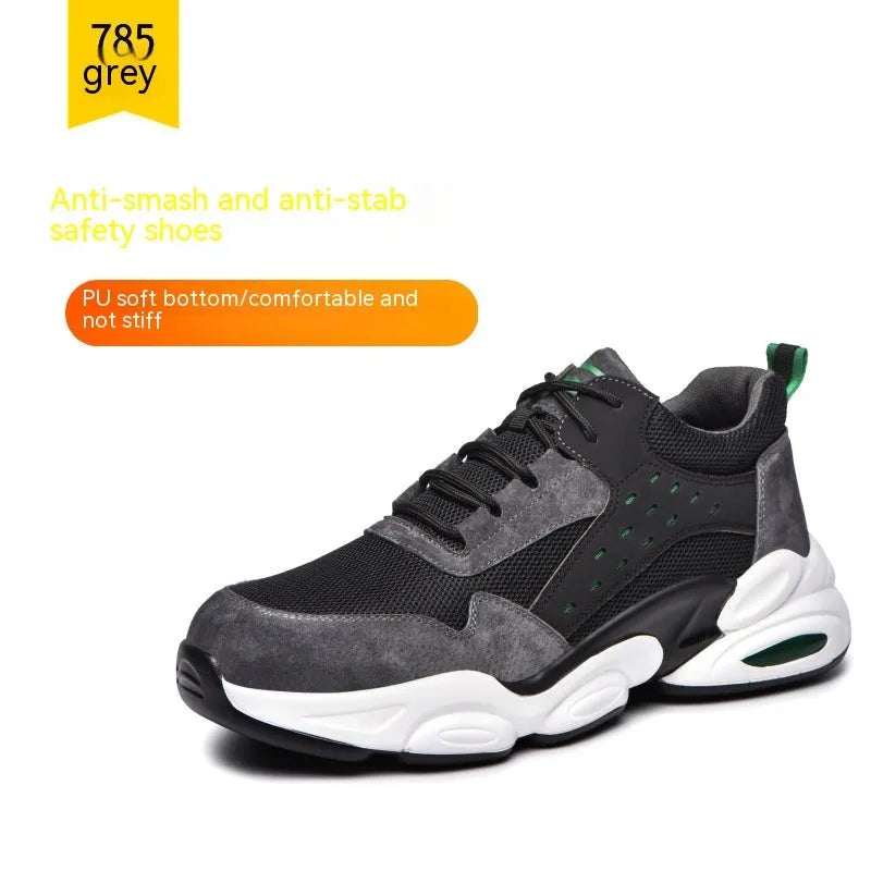 Men's black mesh safety work shoes with anti-smash anti-puncture protection and PU soft sole.