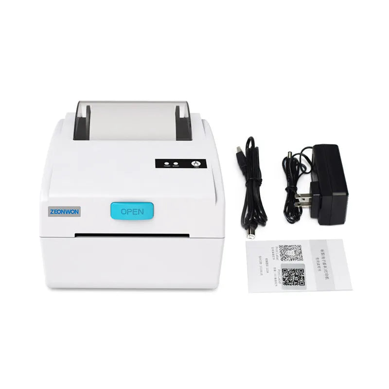 White heat-sensitive label printer with Bluetooth and USB connectivity, compact 200mm wide design