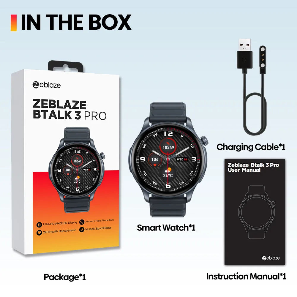 Btalk 3 Pro smart watch in blue showing AMOLED display with Bluetooth calling and health tracking functions