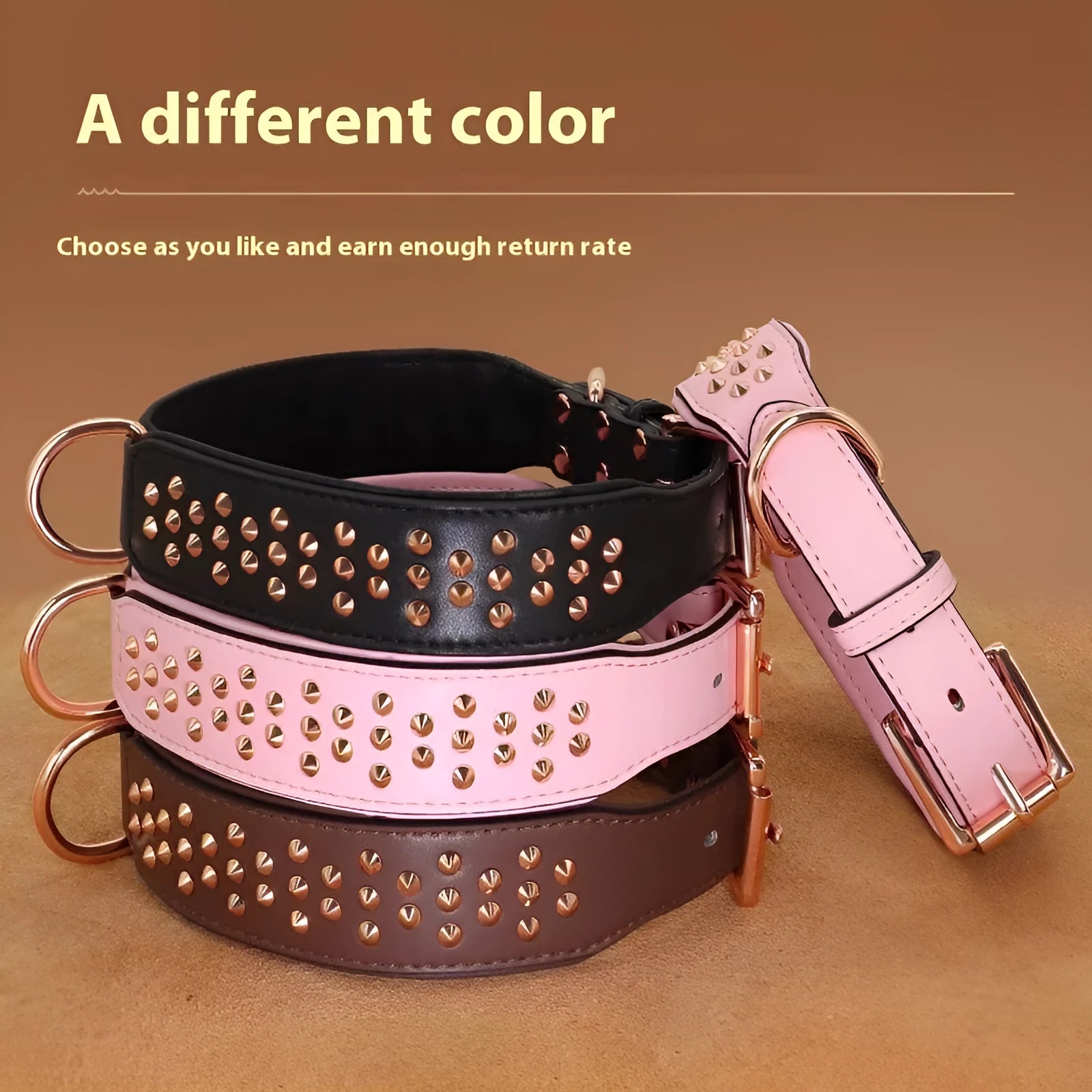 A leather dog collar with metal rivets, shown in black, chocolate, and pink colour options.